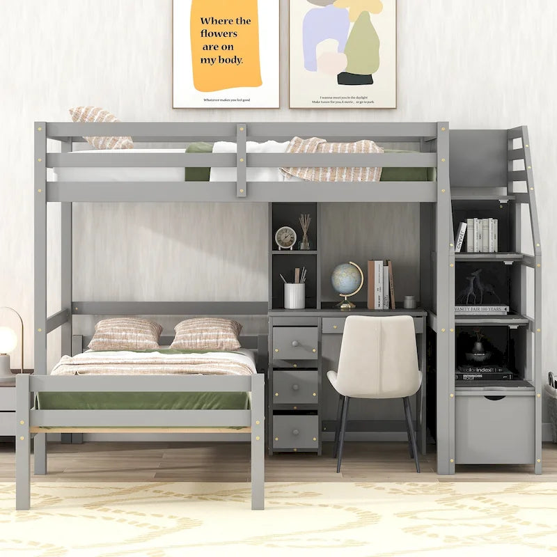 Twin Size Loft Bed with a Stand-alone Bed, Storage Staircase, Desk, Shelves and Drawers