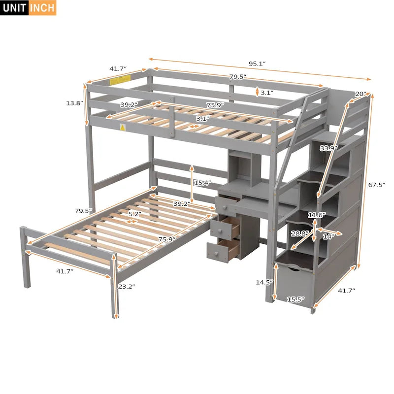 Twin Size Loft Bed with a Stand-alone Bed, Storage Staircase, Desk, Shelves and Drawers