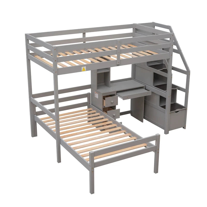 Twin Size Loft Bed with a Stand-alone Bed, Storage Staircase, Desk, Shelves and Drawers