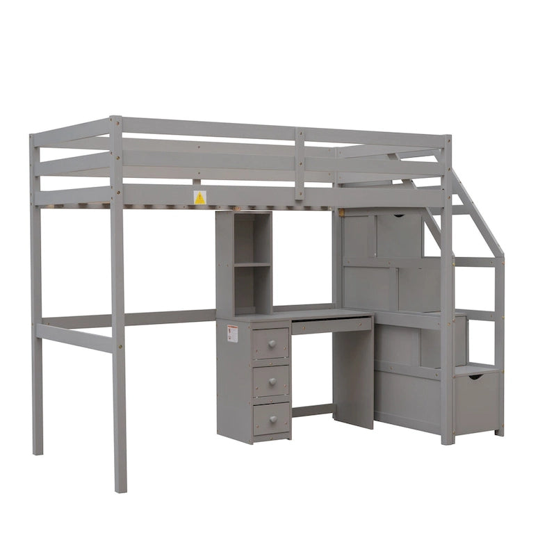 Twin Size Loft Bed with a Stand-alone Bed, Storage Staircase, Desk, Shelves and Drawers