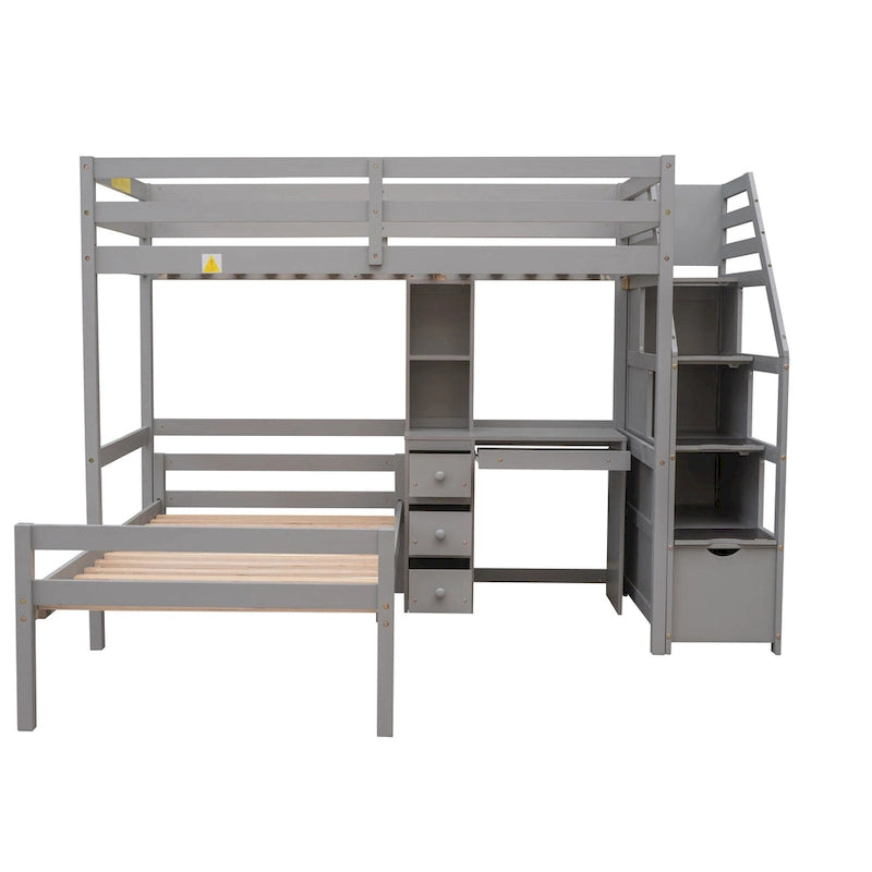 Twin Size Loft Bed with a Stand-alone Bed, Storage Staircase, Desk, Shelves and Drawers