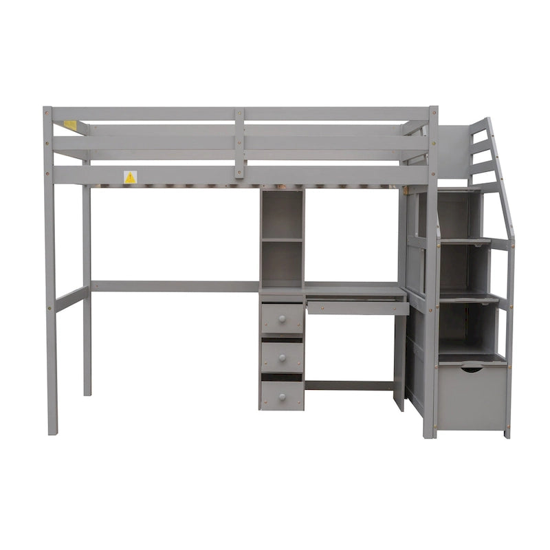 Twin Size Loft Bed with a Stand-alone Bed, Storage Staircase, Desk, Shelves and Drawers
