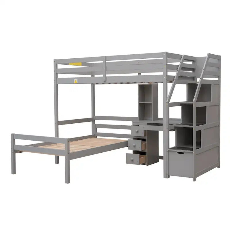Twin Size Loft Bed with a Stand-alone Bed, Storage Staircase, Desk, Shelves and Drawers