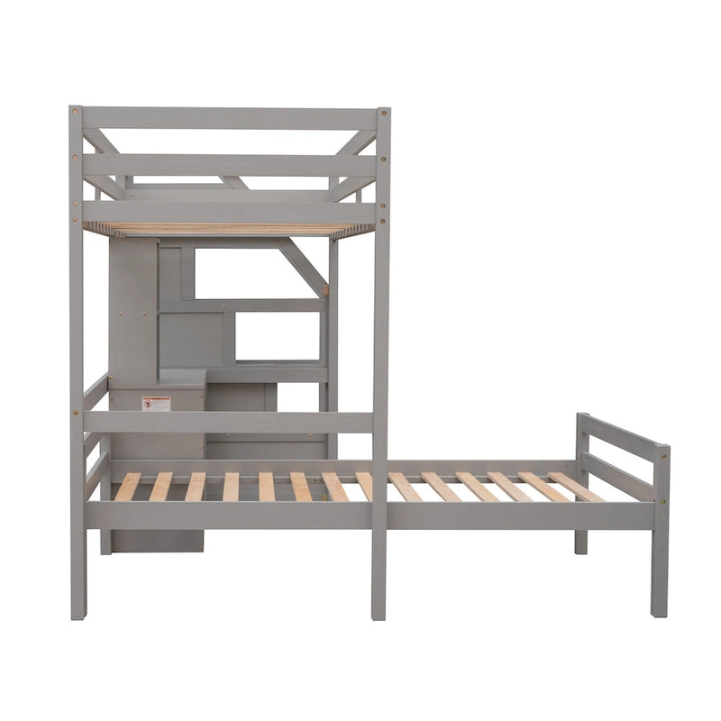 Twin Size Loft Bed with a Stand-alone Bed, Storage Staircase, Desk, Shelves and Drawers
