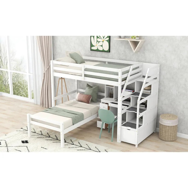Twin Size Loft Bed with a Stand-alone Bed, Storage Staircase, Desk, Shelves and Drawers