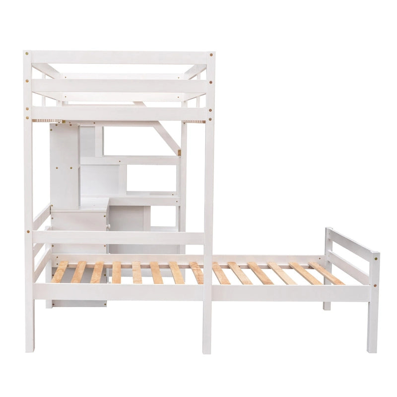 Twin Size Loft Bed with a Stand-alone Bed, Storage Staircase, Desk, Shelves and Drawers