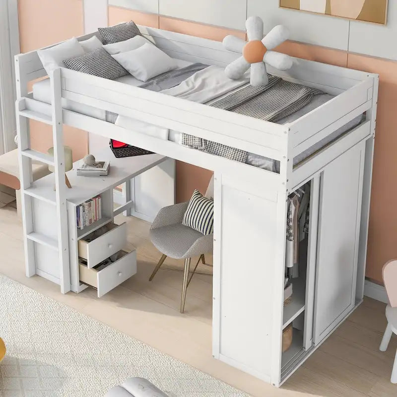 Wood Twin Size Loft Bed with Wardrobes and 2-Drawer Desk with Cabinet