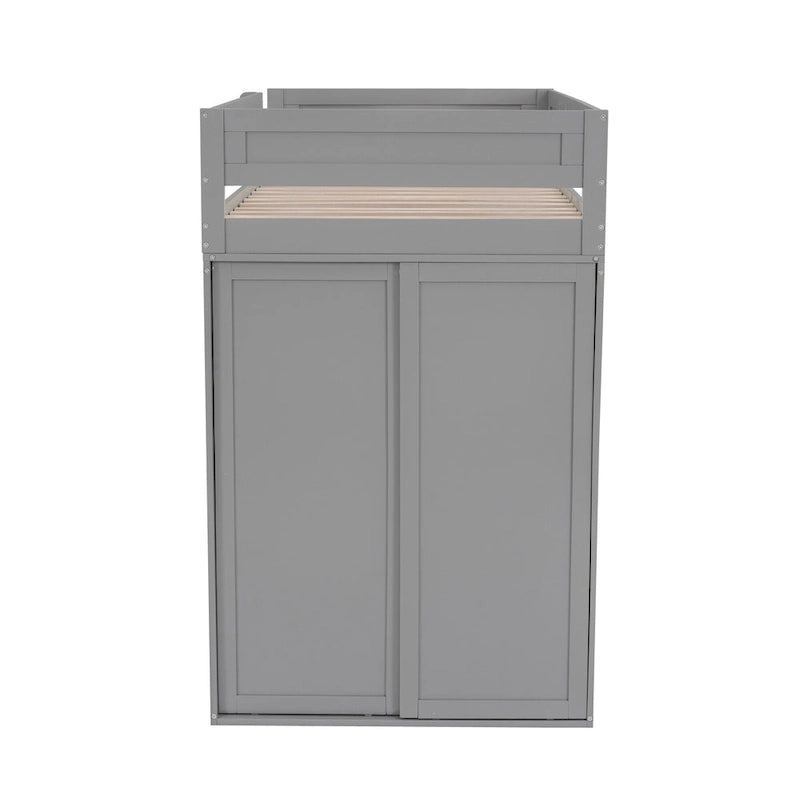 Wood Twin Size Loft Bed with Wardrobes and 2-Drawer Desk with Cabinet