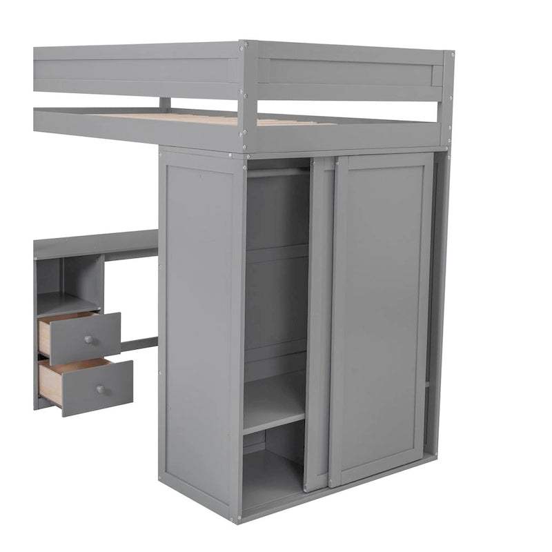 Wood Twin Size Loft Bed with Wardrobes and 2-Drawer Desk with Cabinet