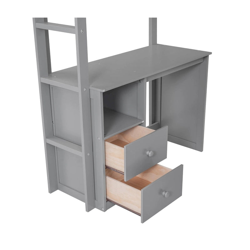 Wood Twin Size Loft Bed with Wardrobes and 2-Drawer Desk with Cabinet