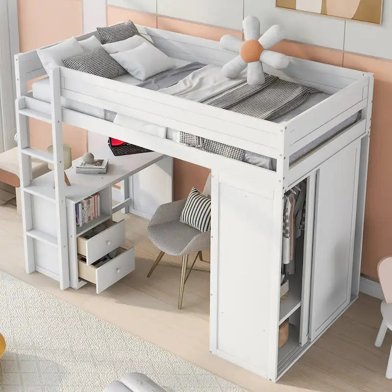 Wood Twin Size Loft Bed with Wardrobes and 2-Drawer Desk with Cabinet