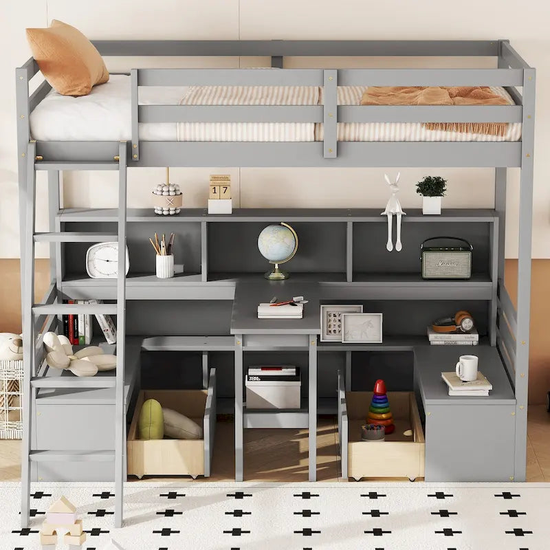 Twin Loft Bed With Storage Shelves, Drawers, Seat And Desk