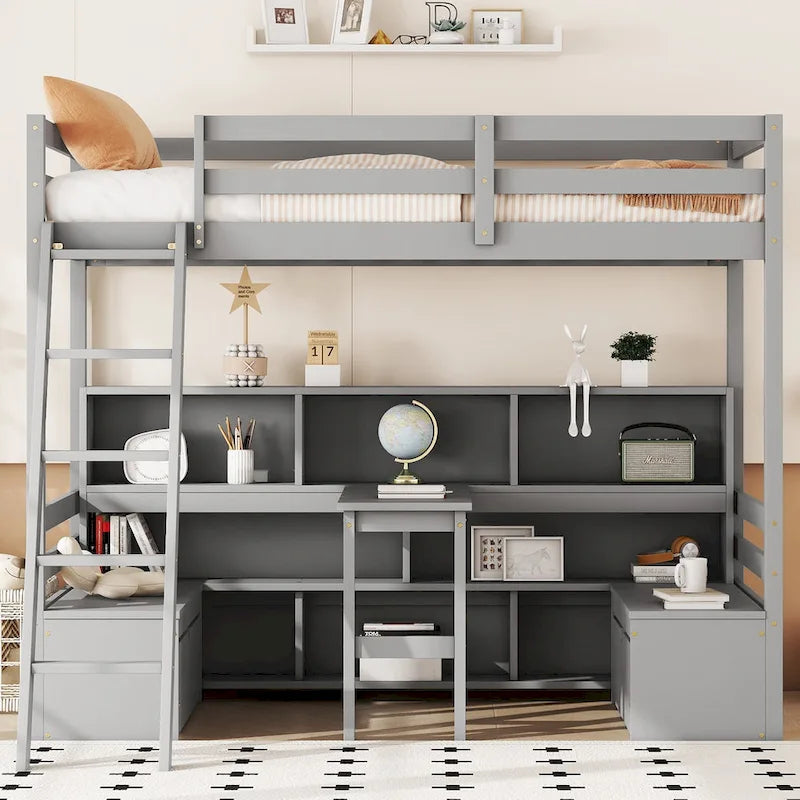 Twin Loft Bed With Storage Shelves, Drawers, Seat And Desk