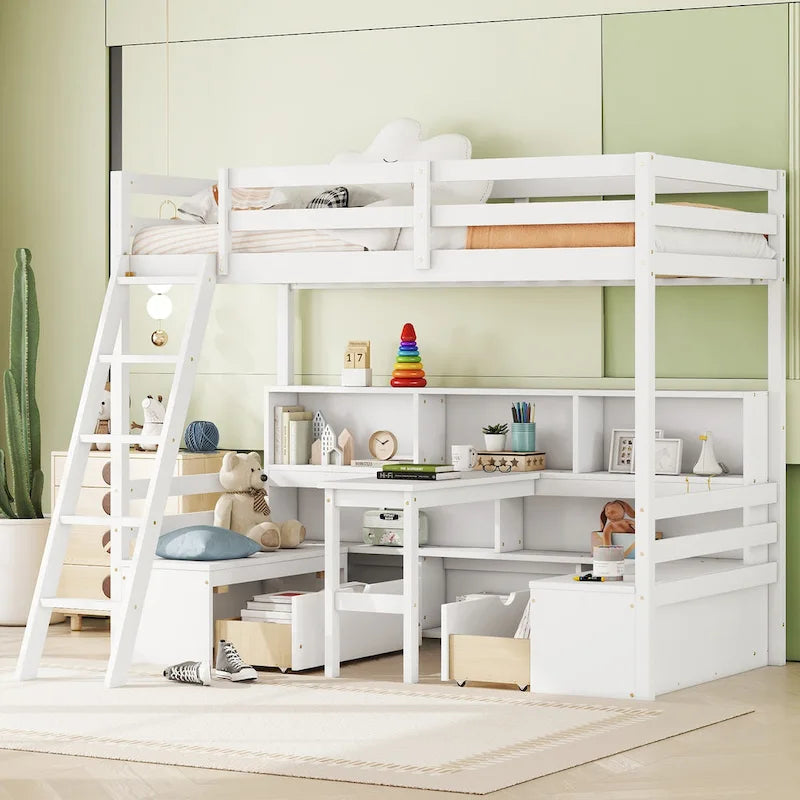 Twin Loft Bed With Storage Shelves, Drawers, Seat And Desk