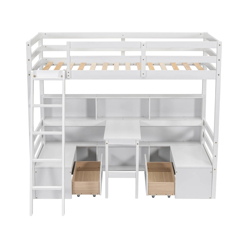 Twin Loft Bed With Storage Shelves, Drawers, Seat And Desk
