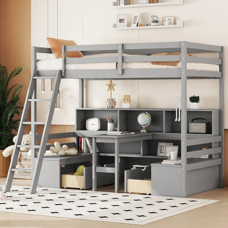 Twin Loft Bed With Storage Shelves, Drawers, Seat And Desk
