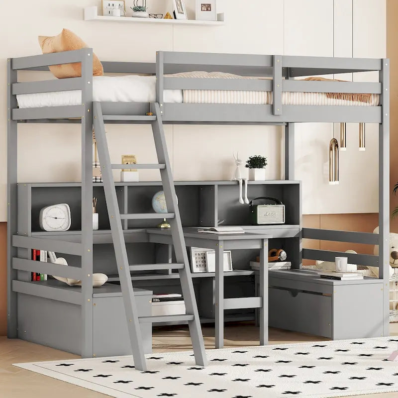 Twin Loft Bed With Storage Shelves, Drawers, Seat And Desk