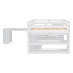Full Size Loft Bed with Retractable Writing Desk and 3 Drawers, Wooden Loft Bed with Storage Stairs and Shelves
