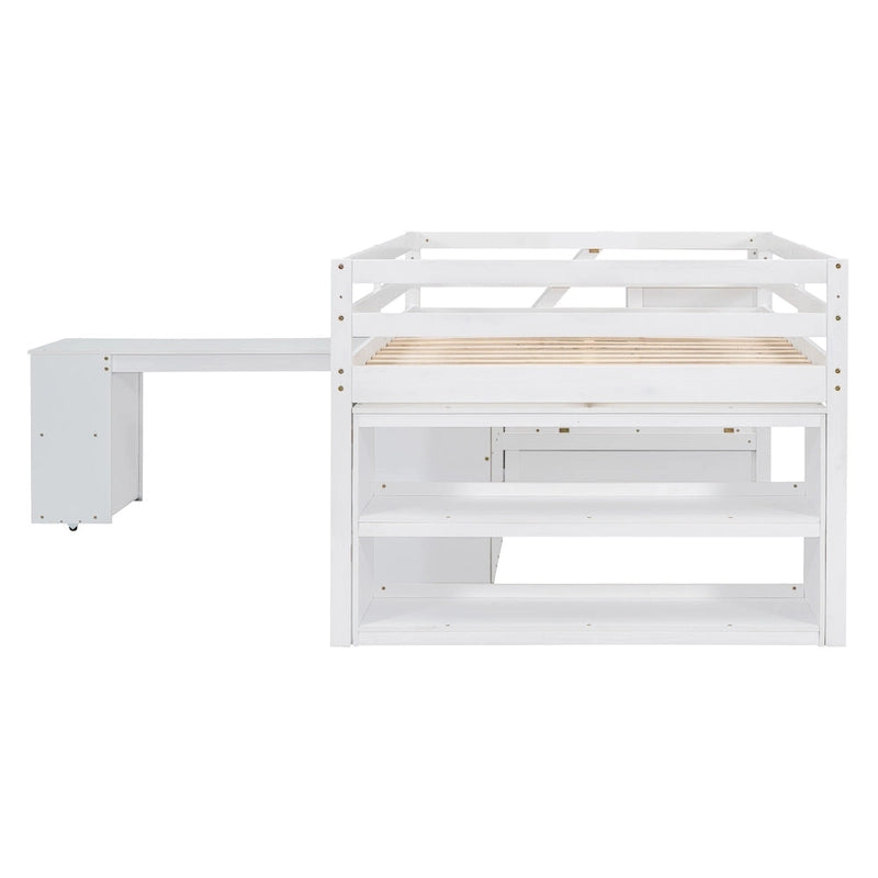 Full Size Loft Bed with Retractable Writing Desk and 3 Drawers, Wooden Loft Bed with Storage Stairs and Shelves