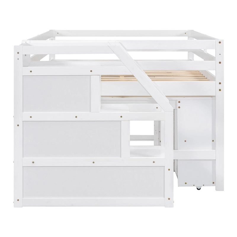 Full Size Loft Bed with Retractable Writing Desk and 3 Drawers, Wooden Loft Bed with Storage Stairs and Shelves