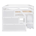Full Size Loft Bed with Retractable Writing Desk and 3 Drawers, Wooden Loft Bed with Storage Stairs and Shelves