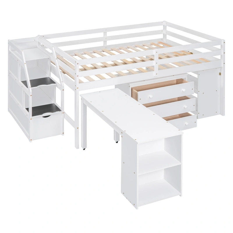 Full Size Loft Bed with Retractable Writing Desk and 3 Drawers, Wooden Loft Bed with Storage Stairs and Shelves