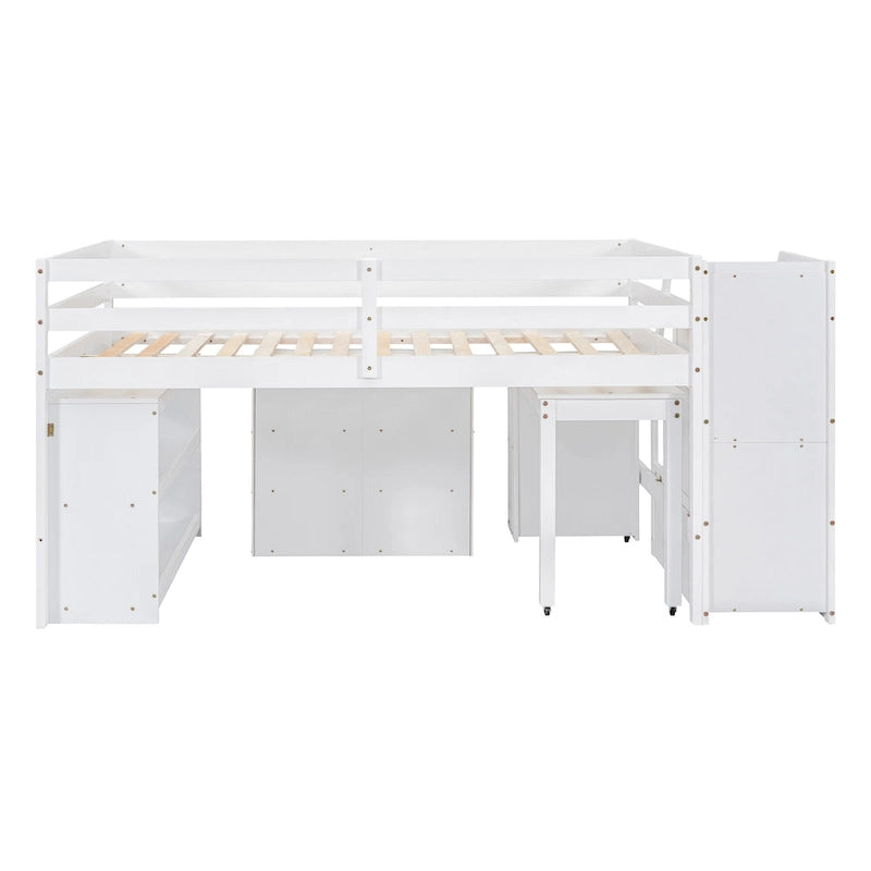 Full Size Loft Bed with Retractable Writing Desk and 3 Drawers, Wooden Loft Bed with Storage Stairs and Shelves
