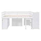 Full Size Loft Bed with Retractable Writing Desk and 3 Drawers, Wooden Loft Bed with Storage Stairs and Shelves