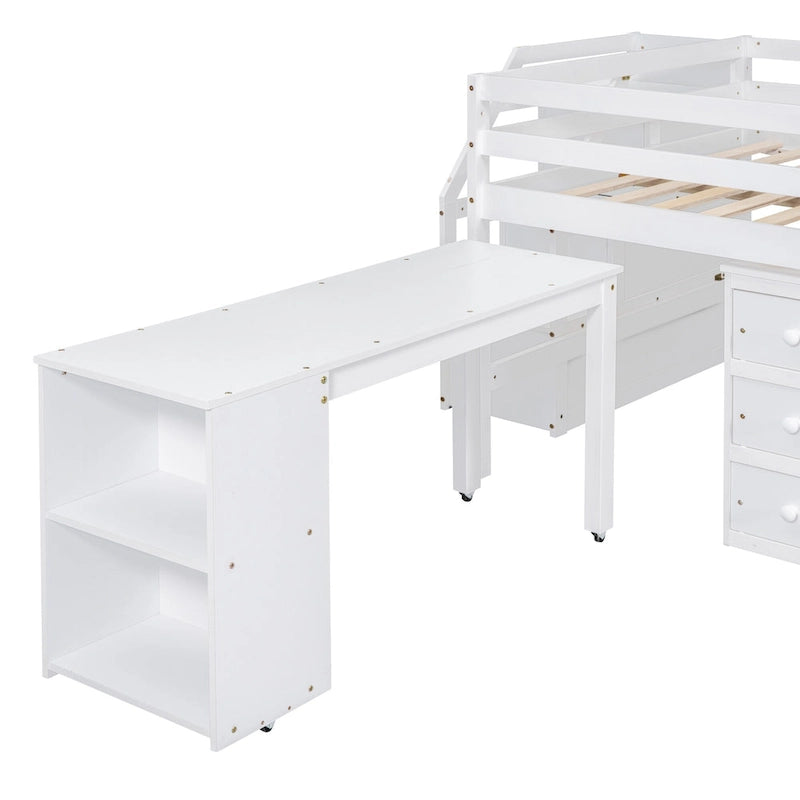 Full Size Loft Bed with Retractable Writing Desk and 3 Drawers, Wooden Loft Bed with Storage Stairs and Shelves