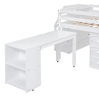 Full Size Loft Bed with Retractable Writing Desk and 3 Drawers, Wooden Loft Bed with Storage Stairs and Shelves