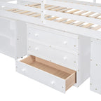 Full Size Loft Bed with Retractable Writing Desk and 3 Drawers, Wooden Loft Bed with Storage Stairs and Shelves
