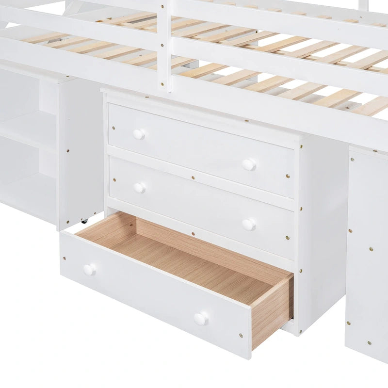 Full Size Loft Bed with Retractable Writing Desk and 3 Drawers, Wooden Loft Bed with Storage Stairs and Shelves