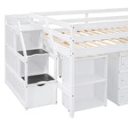 Full Size Loft Bed with Retractable Writing Desk and 3 Drawers, Wooden Loft Bed with Storage Stairs and Shelves
