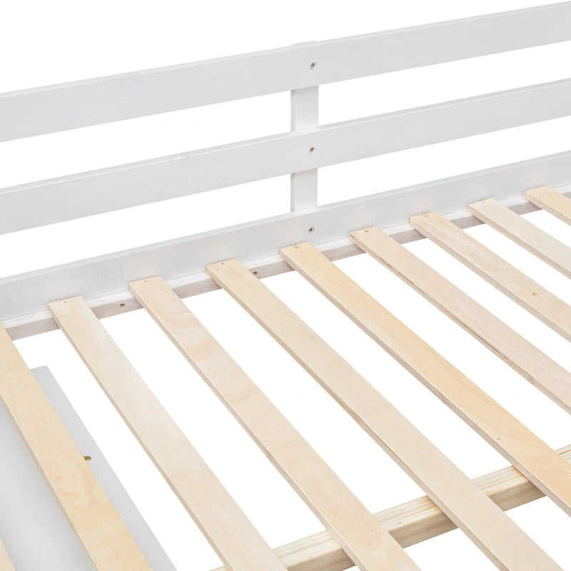 Full Size Loft Bed with Retractable Writing Desk and 3 Drawers, Wooden Loft Bed with Storage Stairs and Shelves