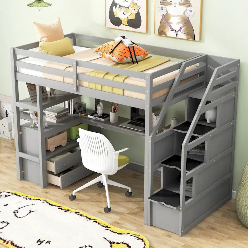 Twin Size Loft Bed w/Desk,Shelves,Built-in Drawers,Storage Staircase