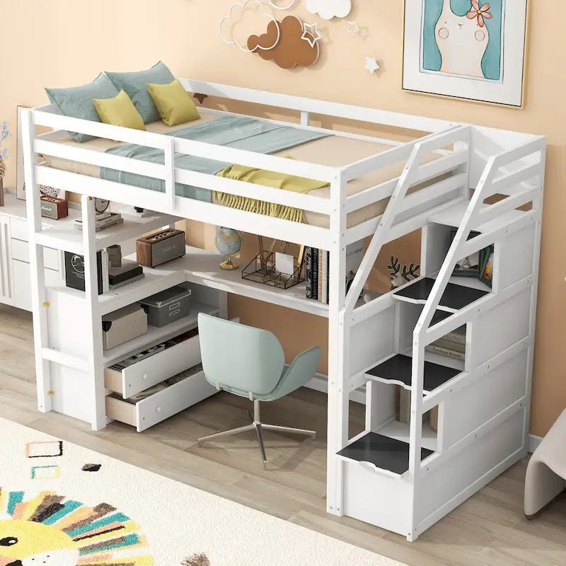 Letto a soppalco singolo con scrivania, mensole, cassetti integrati, scala contenitore