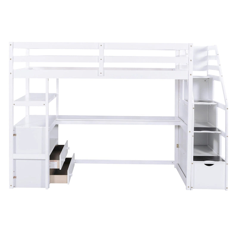 Twin Size Loft Bed w/Desk,Shelves,Built-in Drawers,Storage Staircase