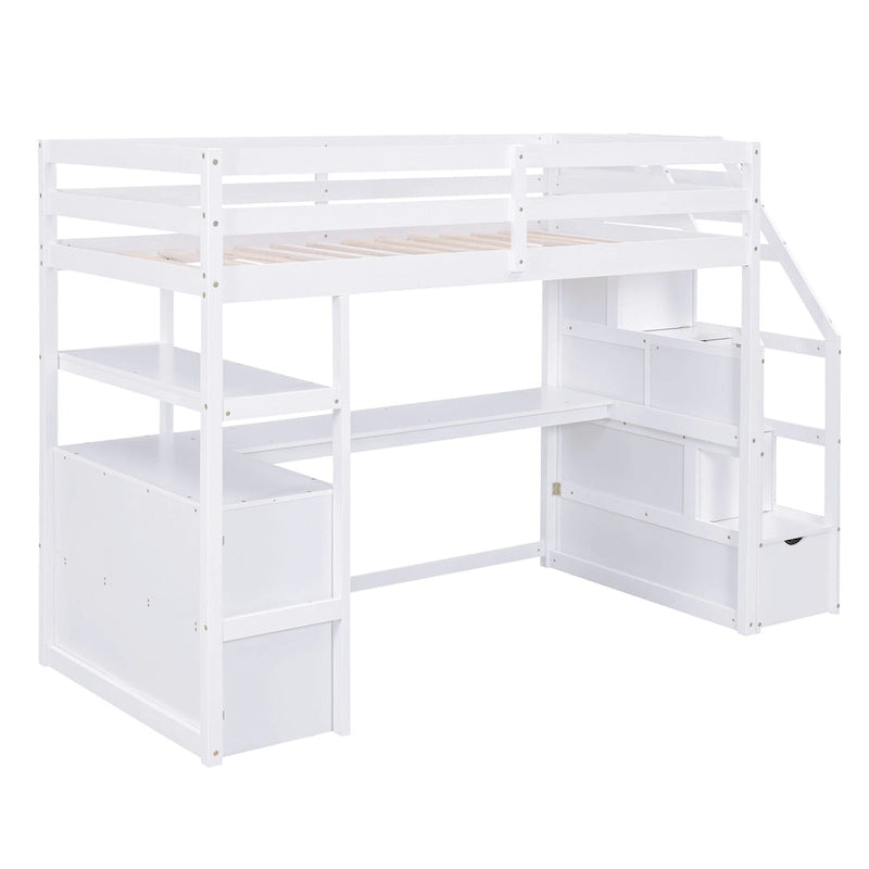 Twin Size Loft Bed w/Desk,Shelves,Built-in Drawers,Storage Staircase