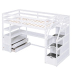 Twin Size Loft Bed w/Desk,Shelves,Built-in Drawers,Storage Staircase