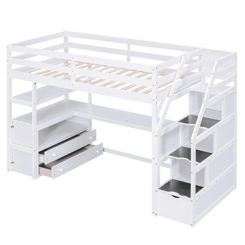 Twin Size Loft Bed w/Desk,Shelves,Built-in Drawers,Storage Staircase