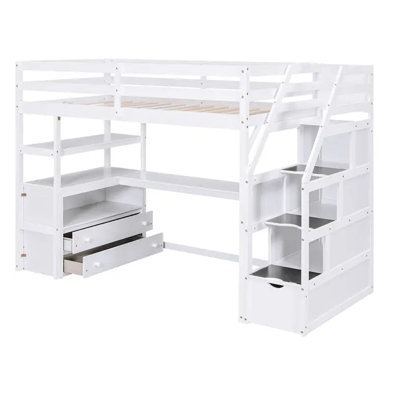 Twin Size Loft Bed w/Desk,Shelves,Built-in Drawers,Storage Staircase