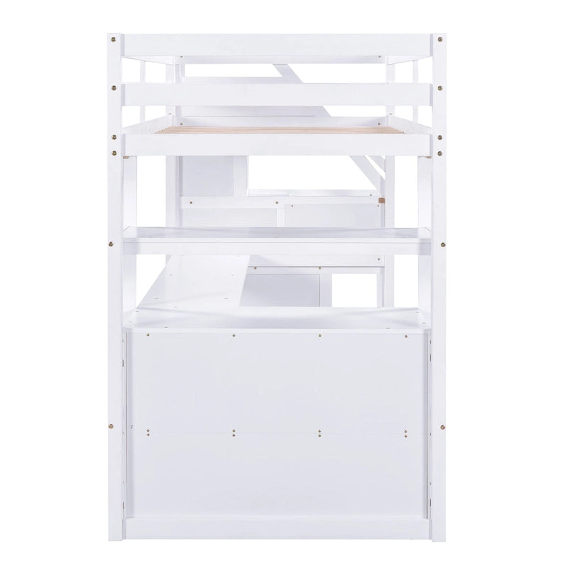 Twin Size Loft Bed w/Desk,Shelves,Built-in Drawers,Storage Staircase