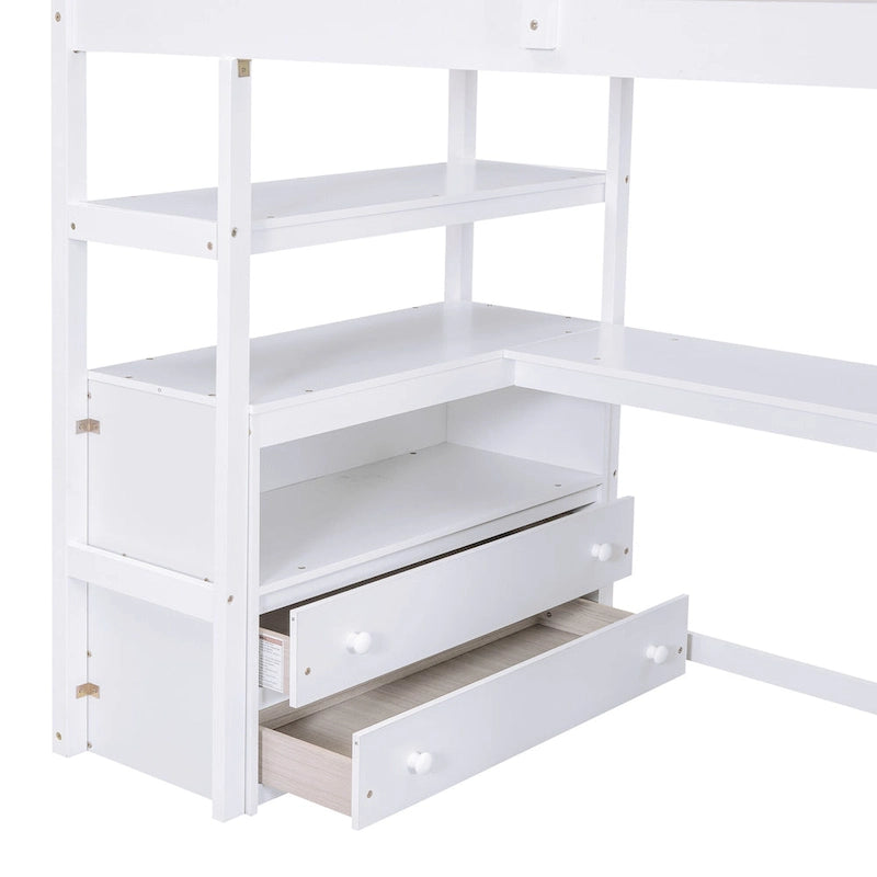 Twin Size Loft Bed w/Desk,Shelves,Built-in Drawers,Storage Staircase