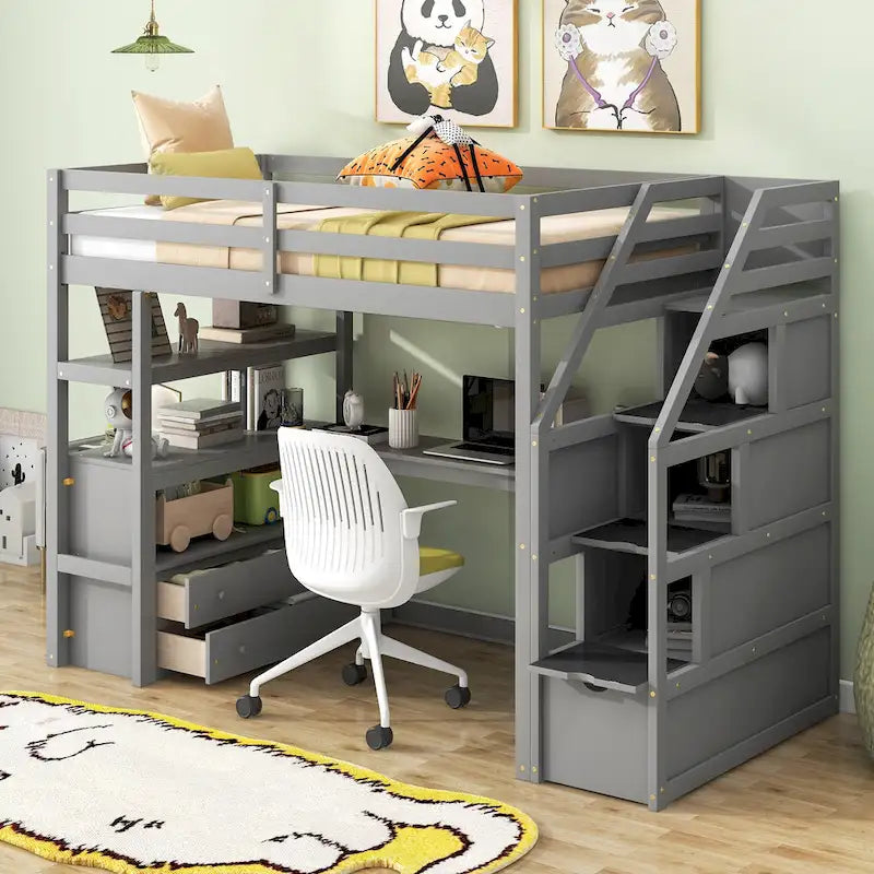 Twin Size Loft Bed w/Desk,Shelves,Built-in Drawers,Storage Staircase