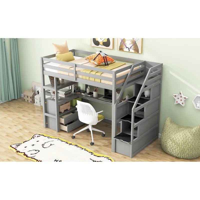 Twin Size Loft Bed w/Desk,Shelves,Built-in Drawers,Storage Staircase