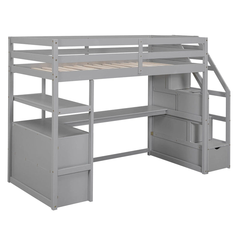 Twin Size Loft Bed w/Desk,Shelves,Built-in Drawers,Storage Staircase