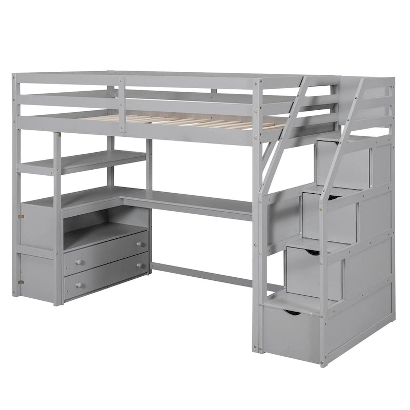 Twin Size Loft Bed w/Desk,Shelves,Built-in Drawers,Storage Staircase