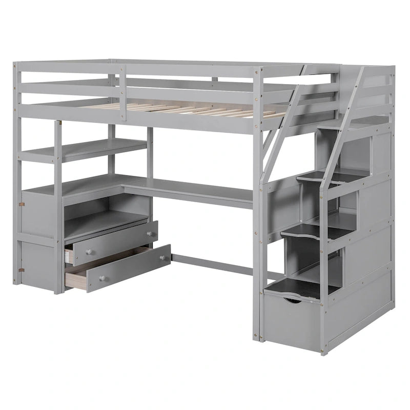 Twin Size Loft Bed w/Desk,Shelves,Built-in Drawers,Storage Staircase