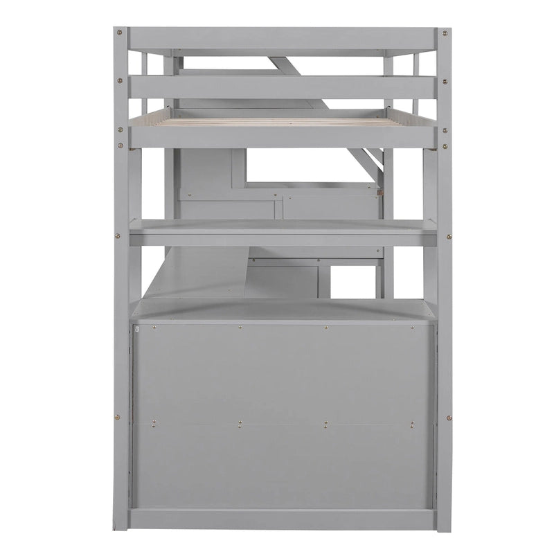Twin Size Loft Bed w/Desk,Shelves,Built-in Drawers,Storage Staircase