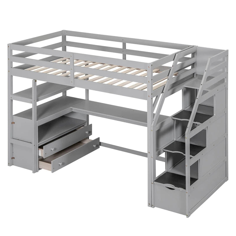 Twin Size Loft Bed w/Desk,Shelves,Built-in Drawers,Storage Staircase